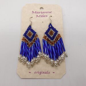 Handmade Native American Style Beaded Tassel Earrings By Marianne Miles Blue